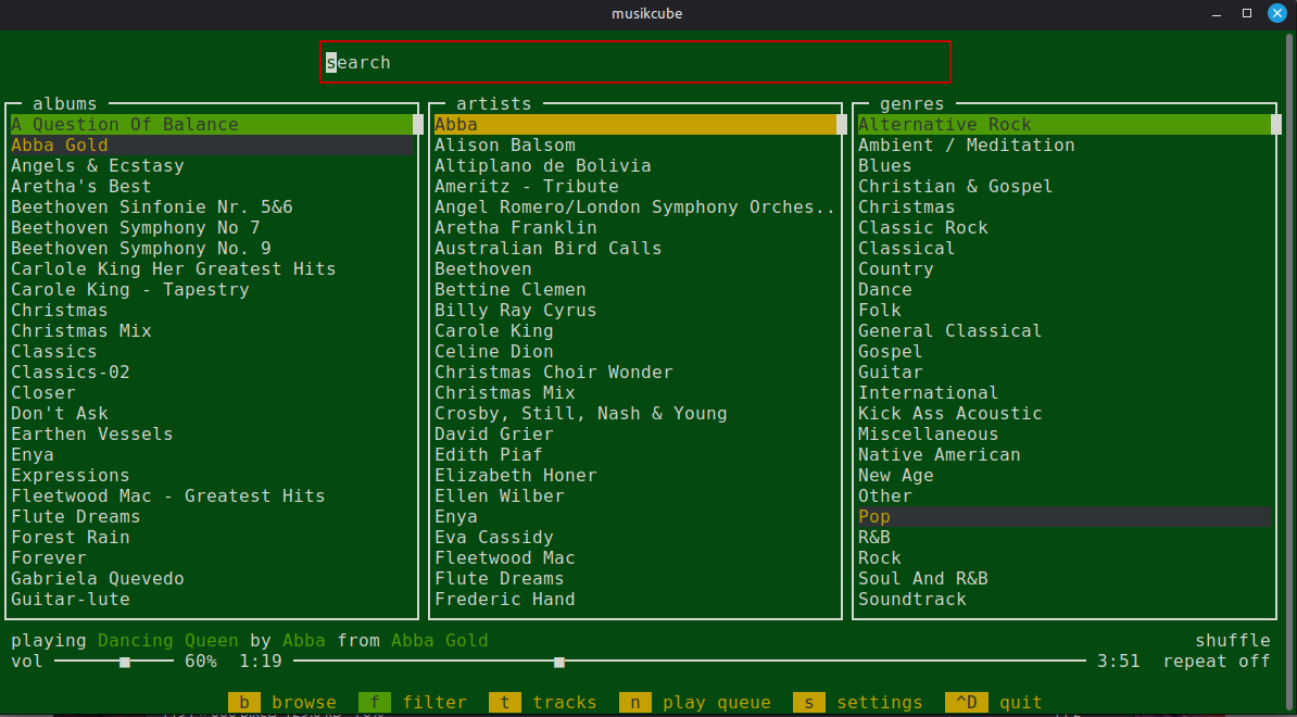 Filter view with albums, artists, genres, and a search box